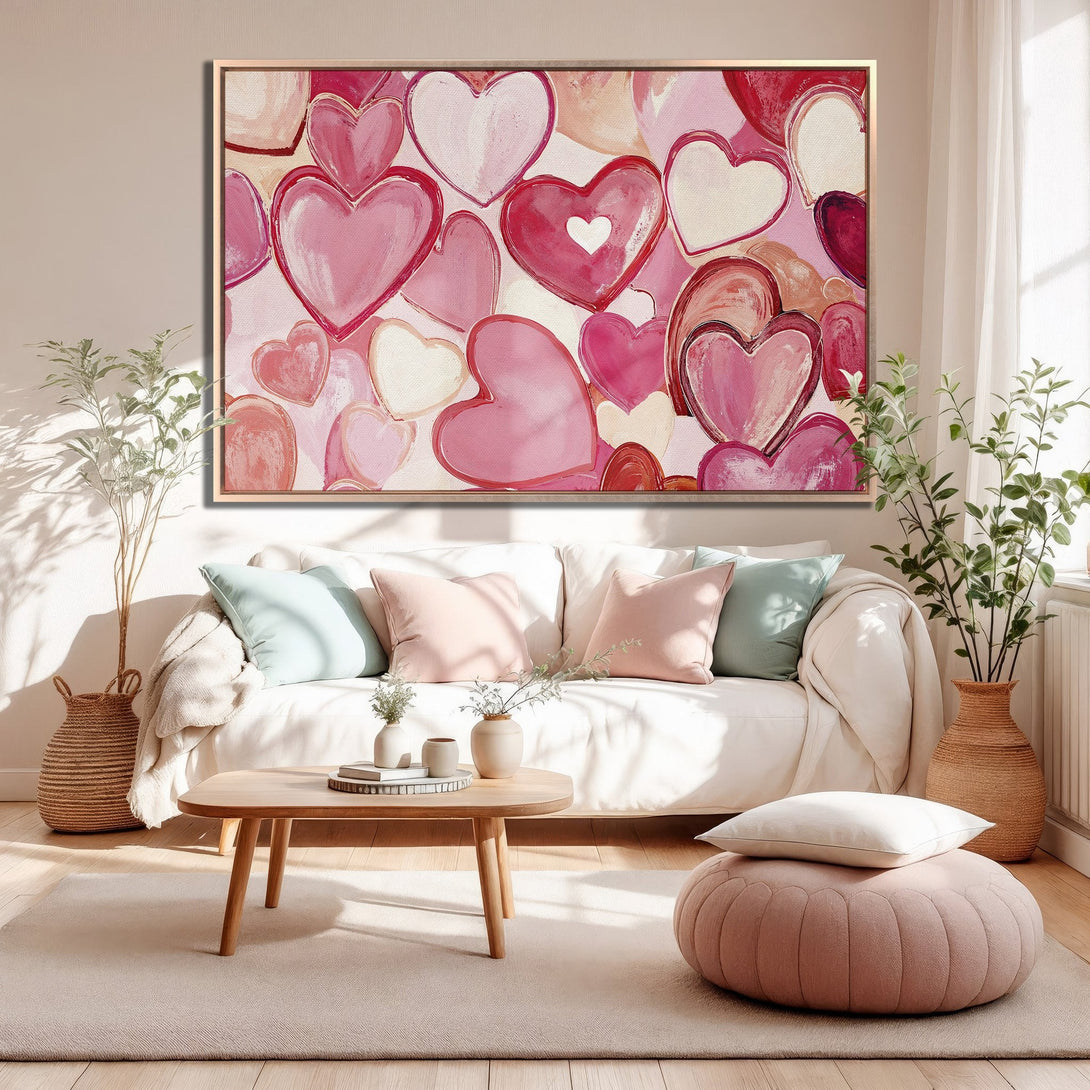 Framed Wall Art: Abstract heart painting in pink and red hues. Perfect for adding a touch of love and warmth to your home decor. Shop now!