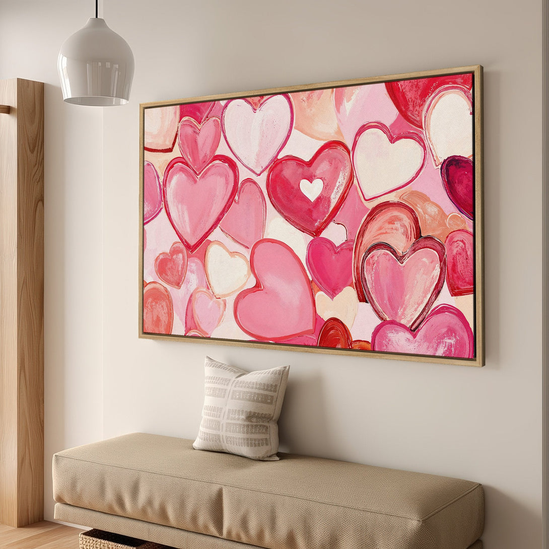 Framed Wall Art featuring a vibrant abstract heart design in shades of pink and red. Perfect for adding a touch of love and warmth to any space.
