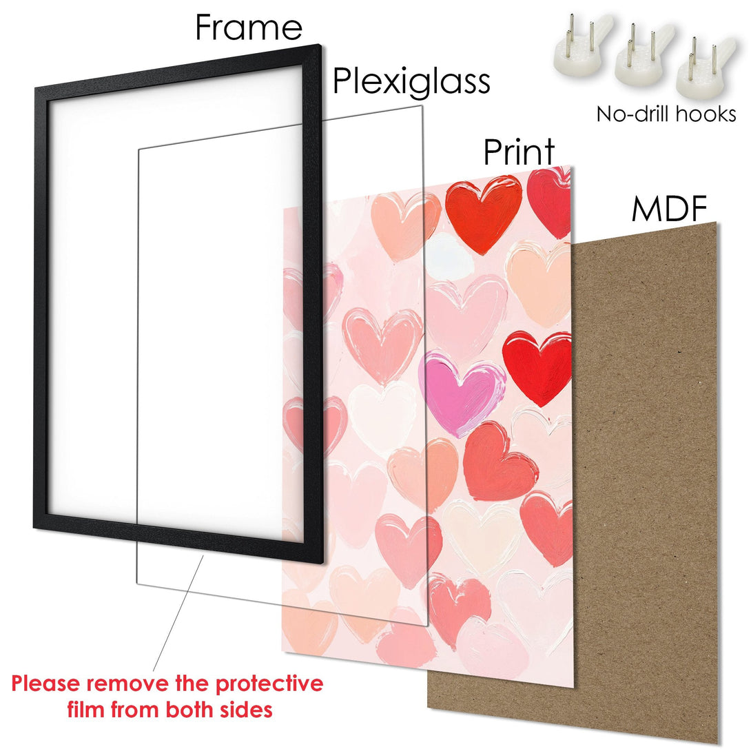 Framed Poster with heart art in pink and red. Perfect Valentine's Day decor!