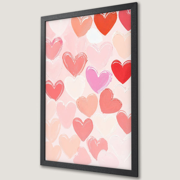 Framed Poster featuring a heart-themed abstract painting in a romantic, brushstroke style with a pink, red, and peach color palette.