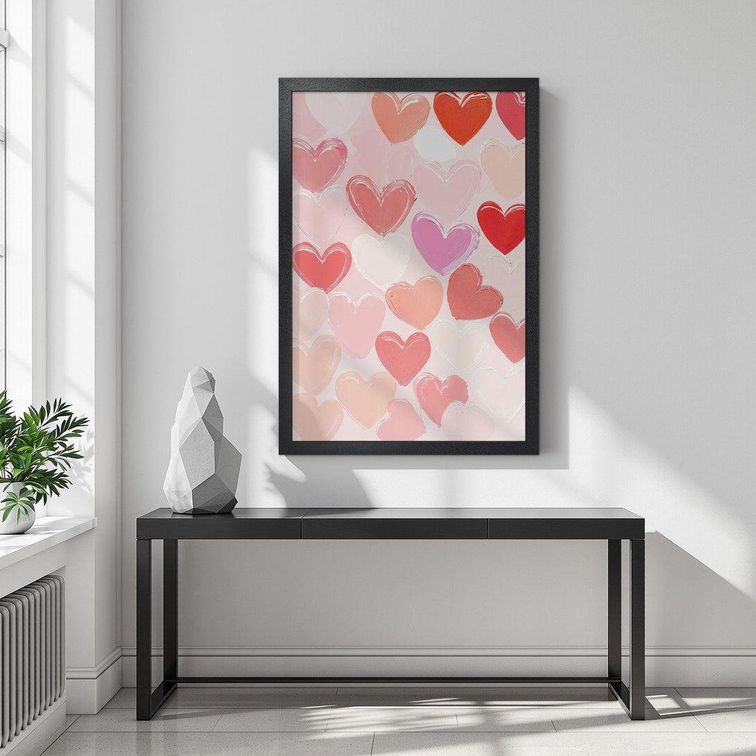 Framed Poster featuring abstract hearts in a romantic color palette of pinks and reds, perfect wall art for your home.