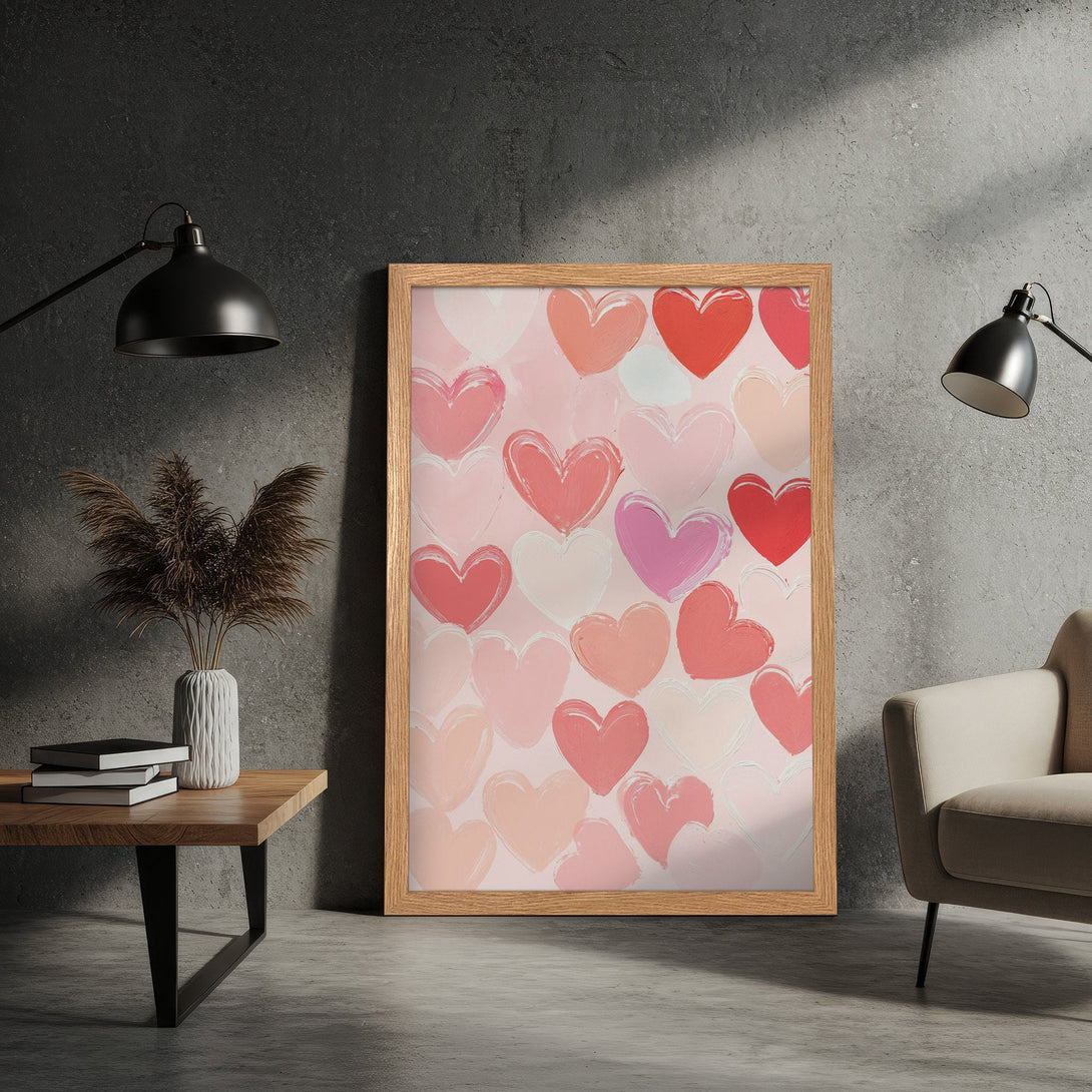 Framed Poster featuring a heart design in a brushstroke style, with a warm pink and red color palette. Perfect wall art!
