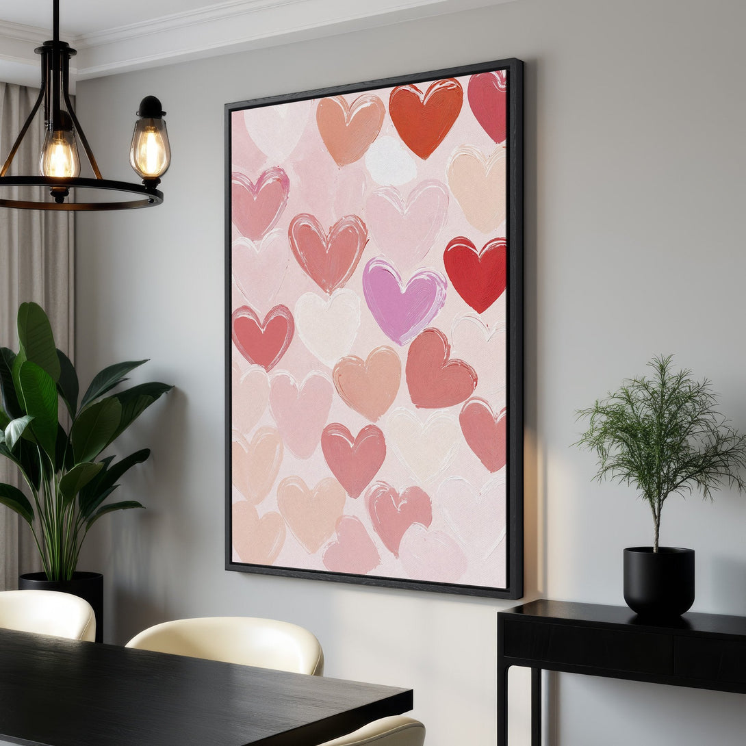 Framed Wall Art featuring a heart-themed abstract painting in a blush and red color palette. Perfect for adding a touch of love and warmth to your home decor.
