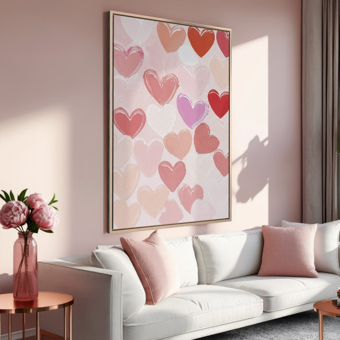 Framed Wall Art featuring a heart-themed abstract painting in a blush and red color palette. Perfect for adding a touch of love to your home decor!
