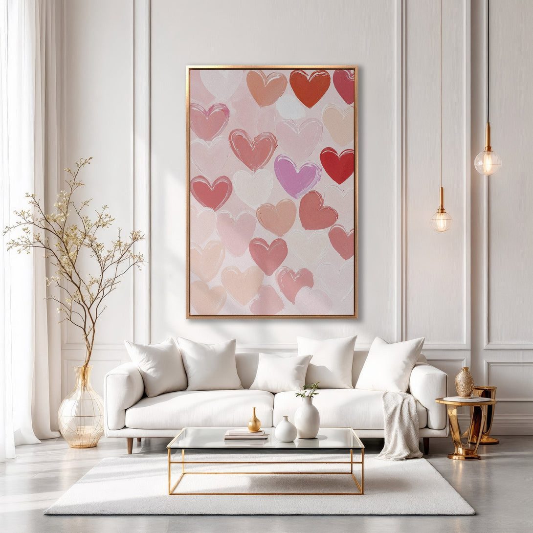 Framed Wall Art featuring a heart-themed abstract painting in a blush and red color palette, perfect for adding a touch of love to your home decor.