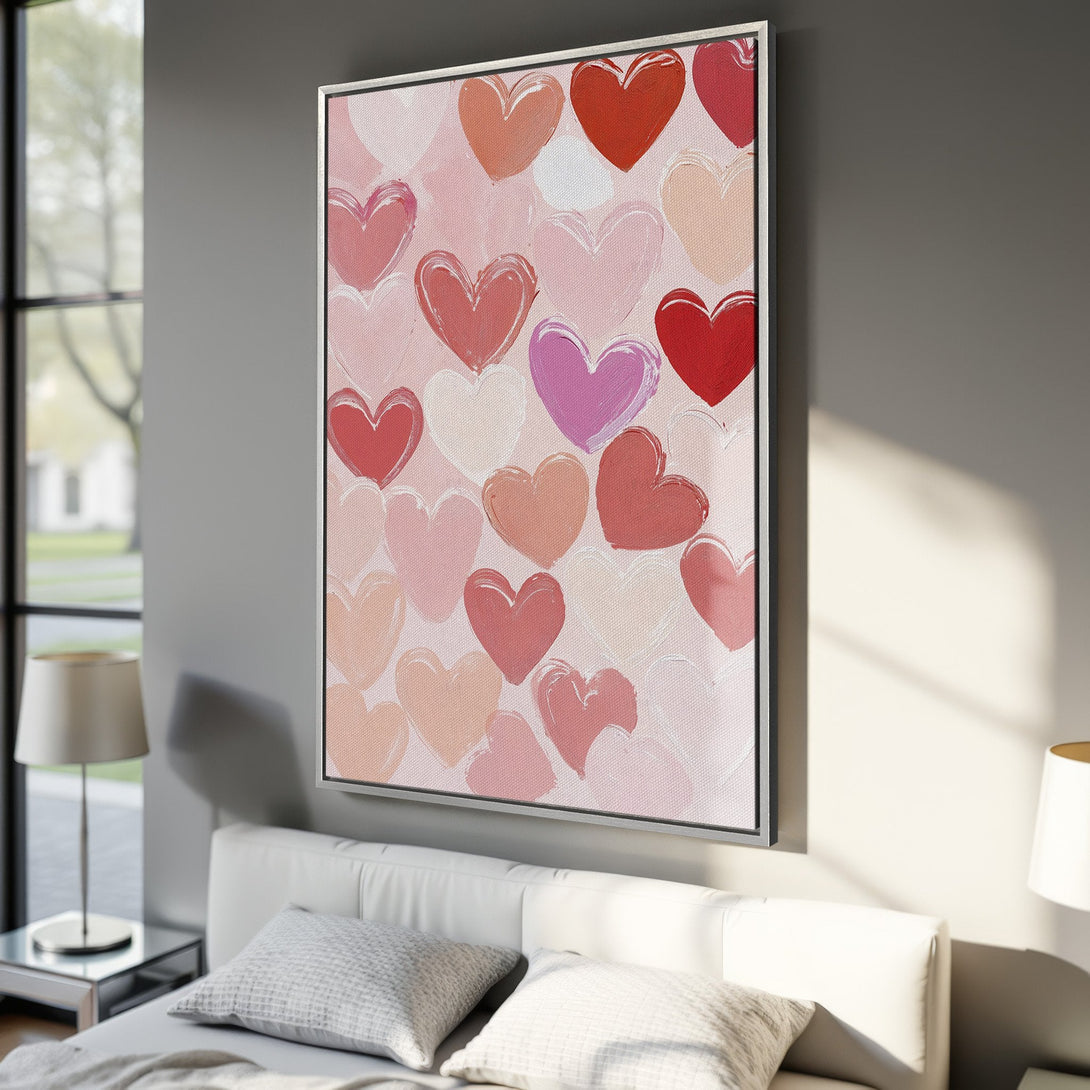 Framed Wall Art featuring a heart-themed painting in a modern style with a soft pink and red color palette. Perfect for adding love and warmth to any room!