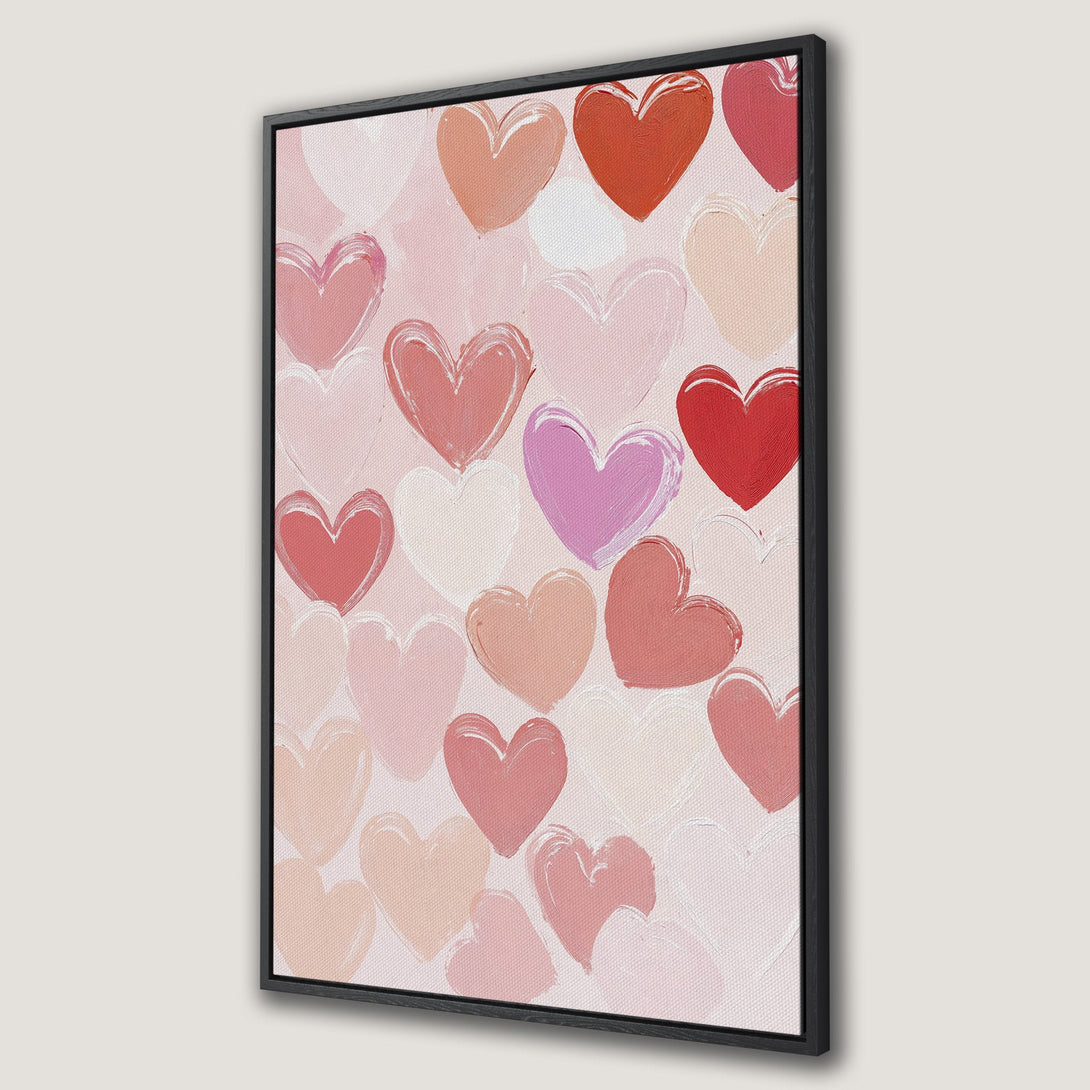Framed Wall Art featuring a romantic heart pattern in a blush and red color palette. Modern, abstract style Canvas Print perfect for Valentine's Day decor.