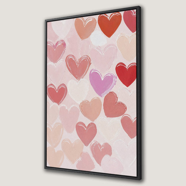 Framed Wall Art featuring a romantic heart pattern in a blush and red color palette. Modern, abstract style Canvas Print perfect for Valentine's Day decor.