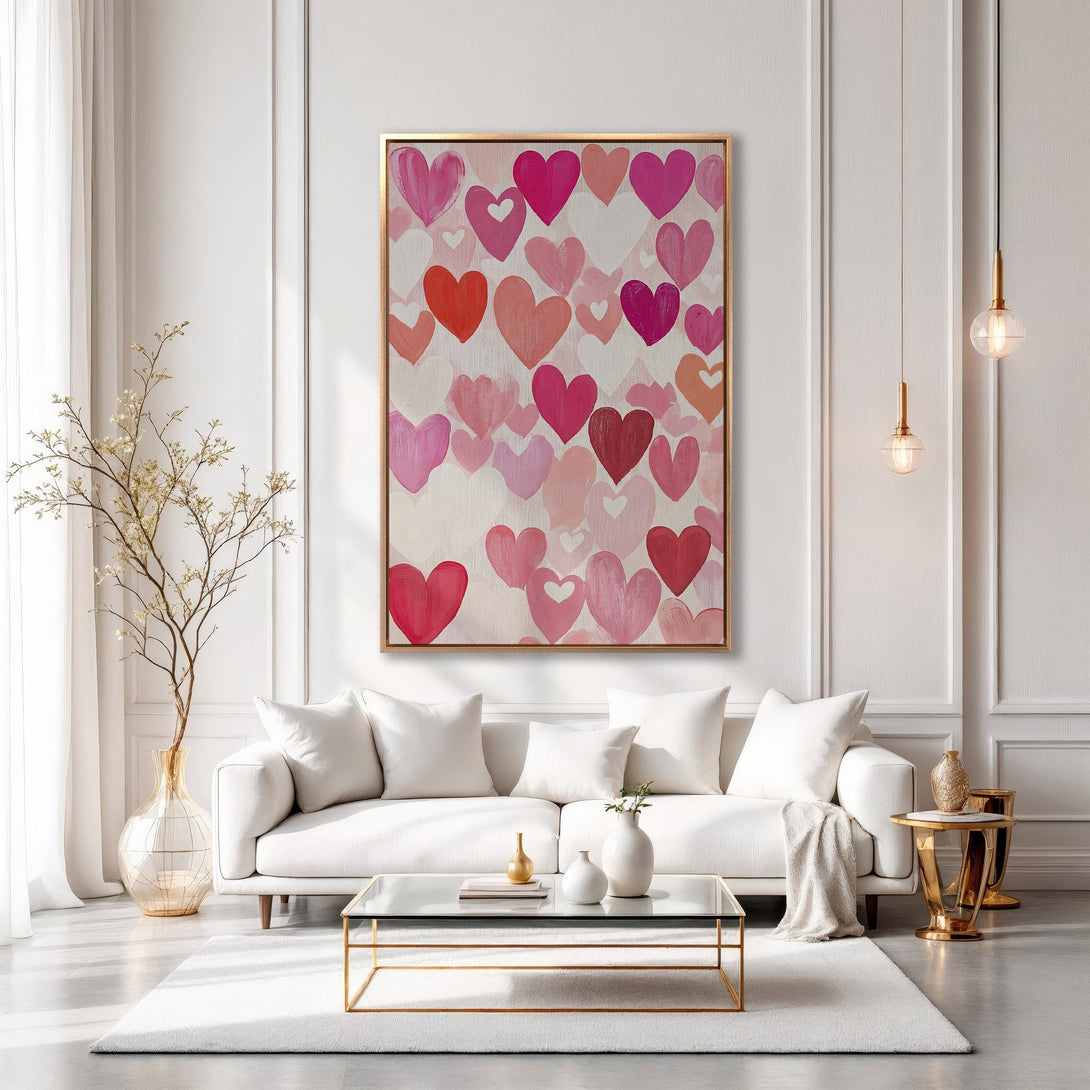 Framed Wall Art: Romantic heart painting in pink & red hues, perfect for adding love & warmth to your home decor. Modern style, ready to hang.