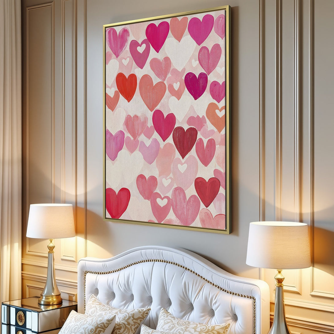Canvas Print featuring a modern, abstract heart design in shades of pink and red. Perfect wall art for a romantic touch!