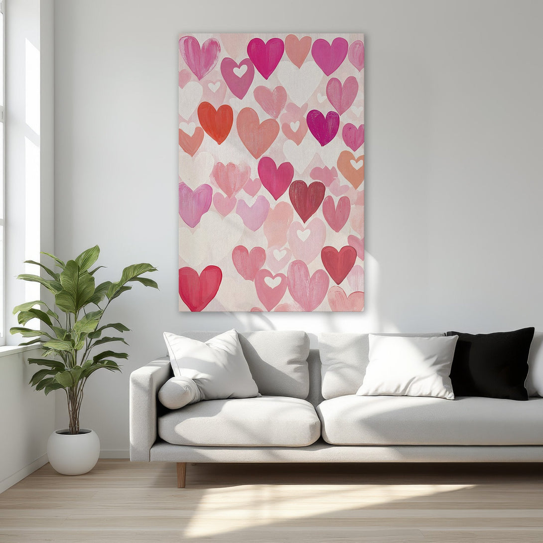 Framed Wall Art: Whimsical heart print in pink & red hues. Perfect for adding a touch of love to your bedroom decor. Modern art with a romantic vibe.