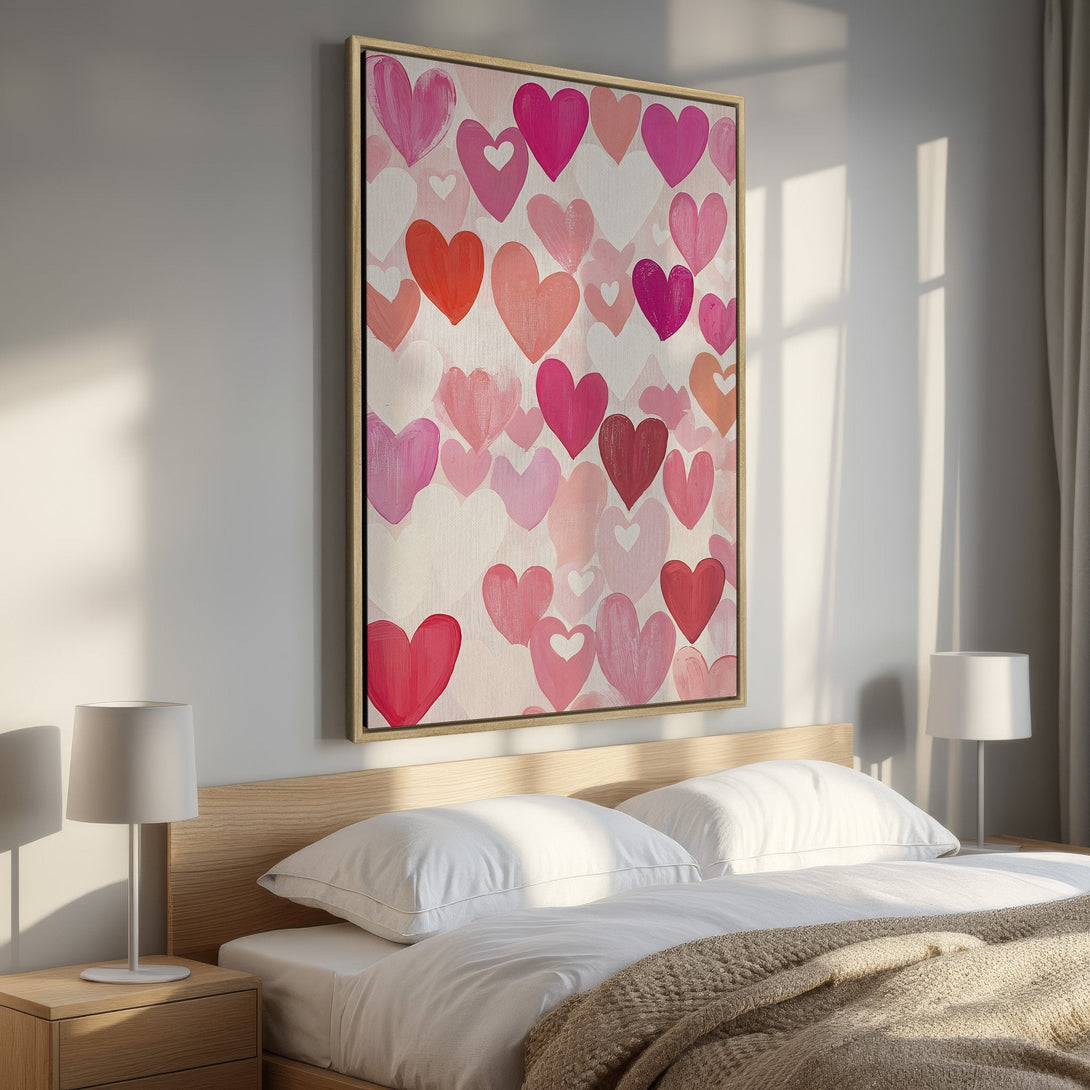 Framed Wall Art featuring a heart-filled abstract painting in a pink and red color palette, perfect for adding love to your bedroom decor.