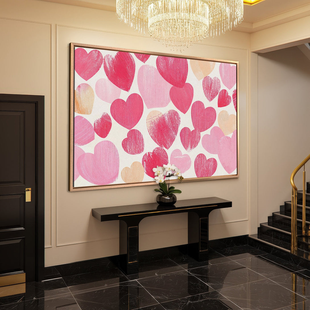 Framed Wall Art featuring a vibrant heart pattern in pink and red hues. Modern, stylish decor for your home.