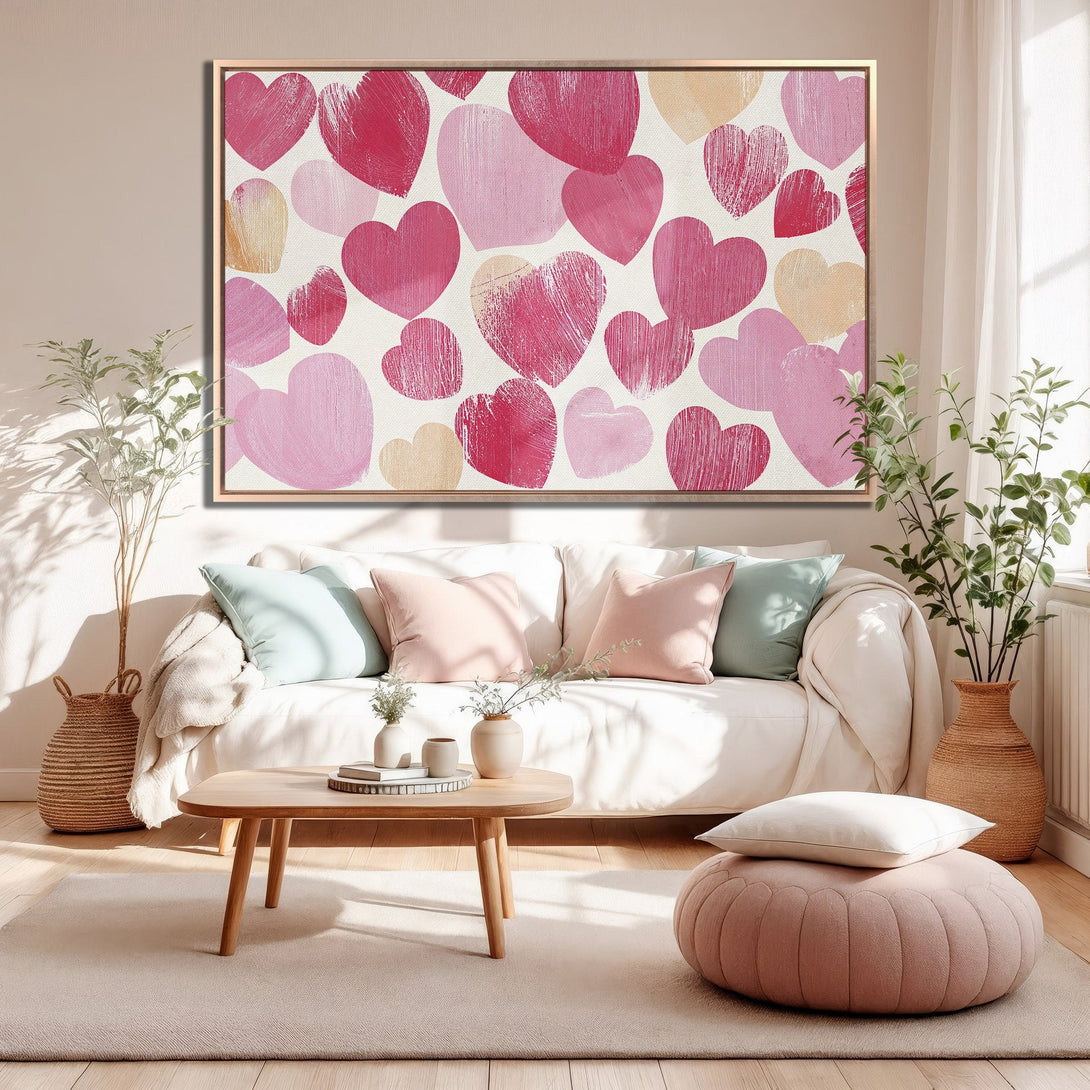Framed Wall Art featuring a heart pattern in pink hues, perfect for adding a touch of love to your home decor.