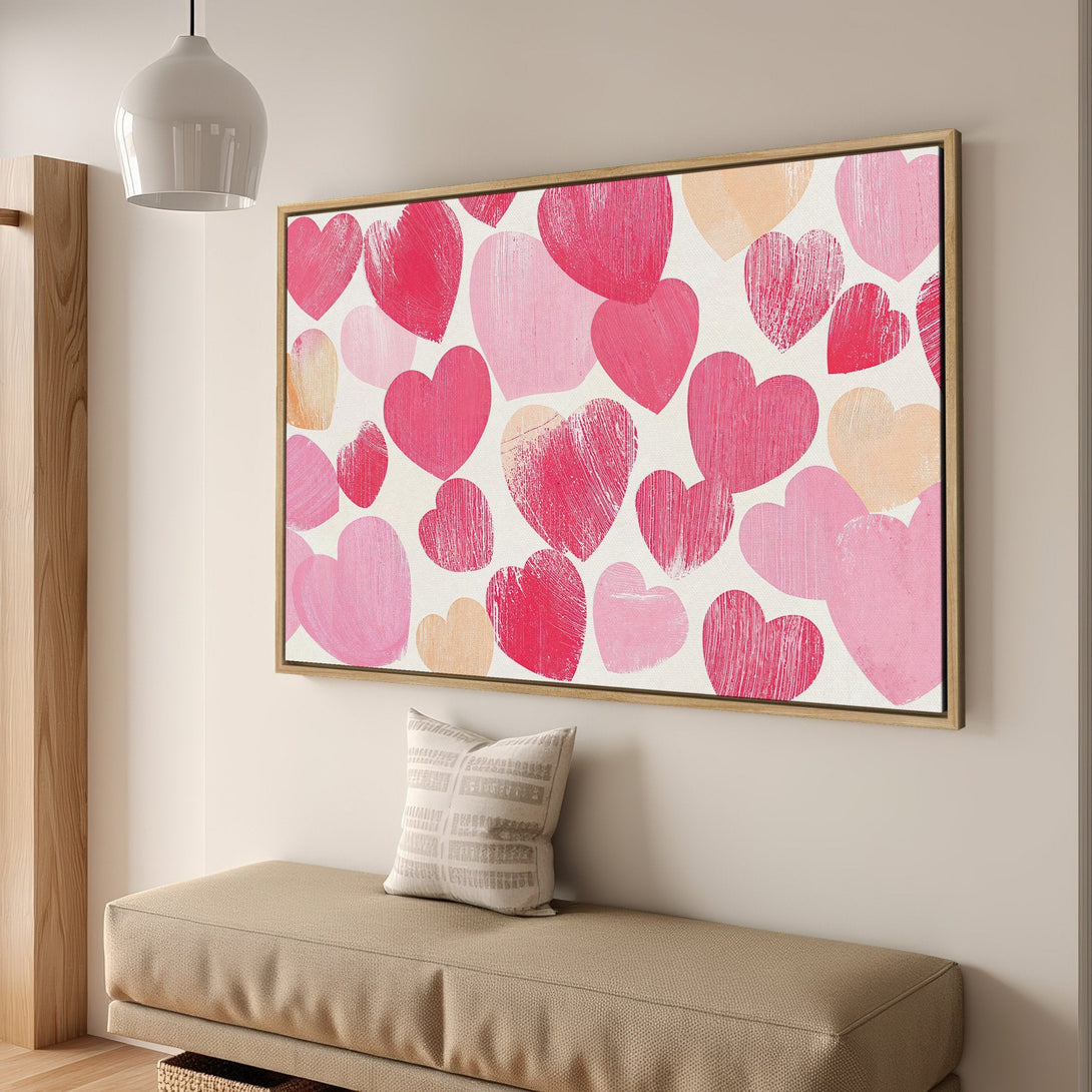 Framed Wall Art featuring a vibrant heart pattern in pink and peach hues. Perfect for adding a touch of love to any space.