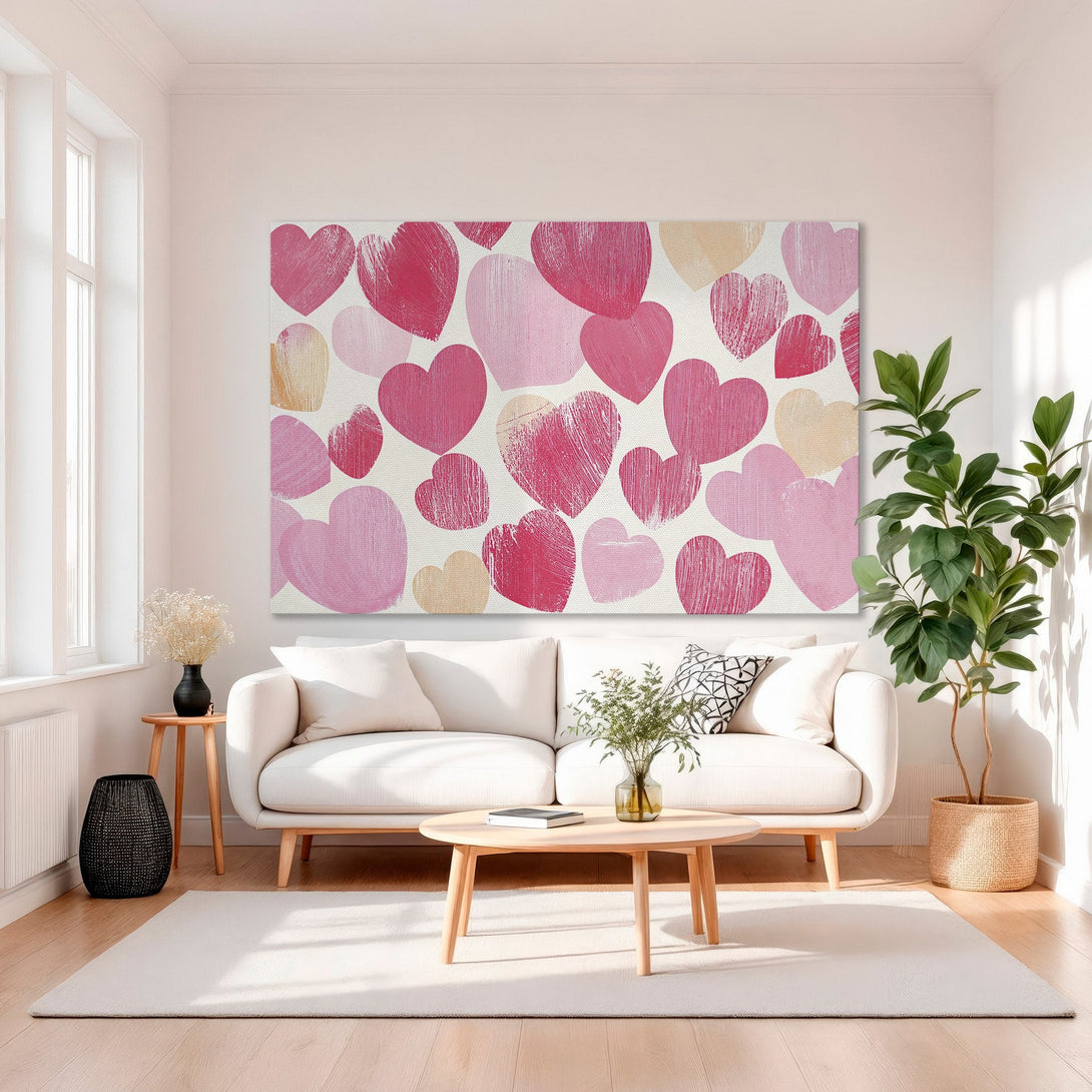 Framed Wall Art featuring a vibrant heart design in pinks and peaches. Modern, romantic artwork perfect for adding a pop of color to any space.