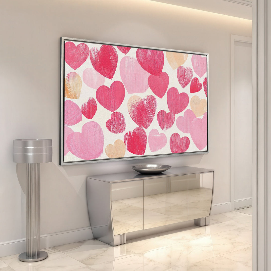 Framed Wall Art featuring a heart pattern in pink and peach hues. Modern abstract style, perfect for adding a touch of love to your home decor.