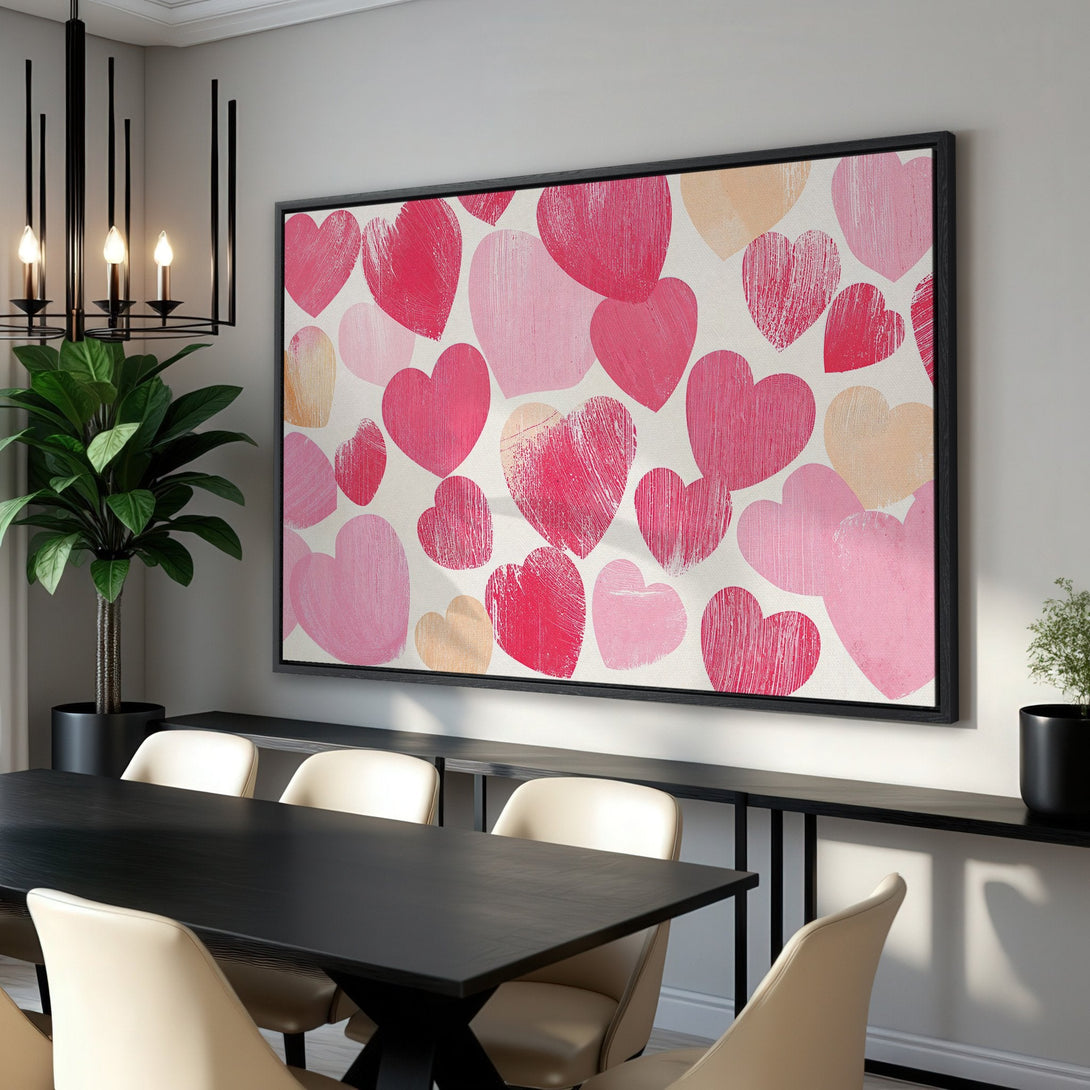 Framed Wall Art featuring a heart pattern in pink and peach hues, adding a touch of love to any space. Modern art for your home!