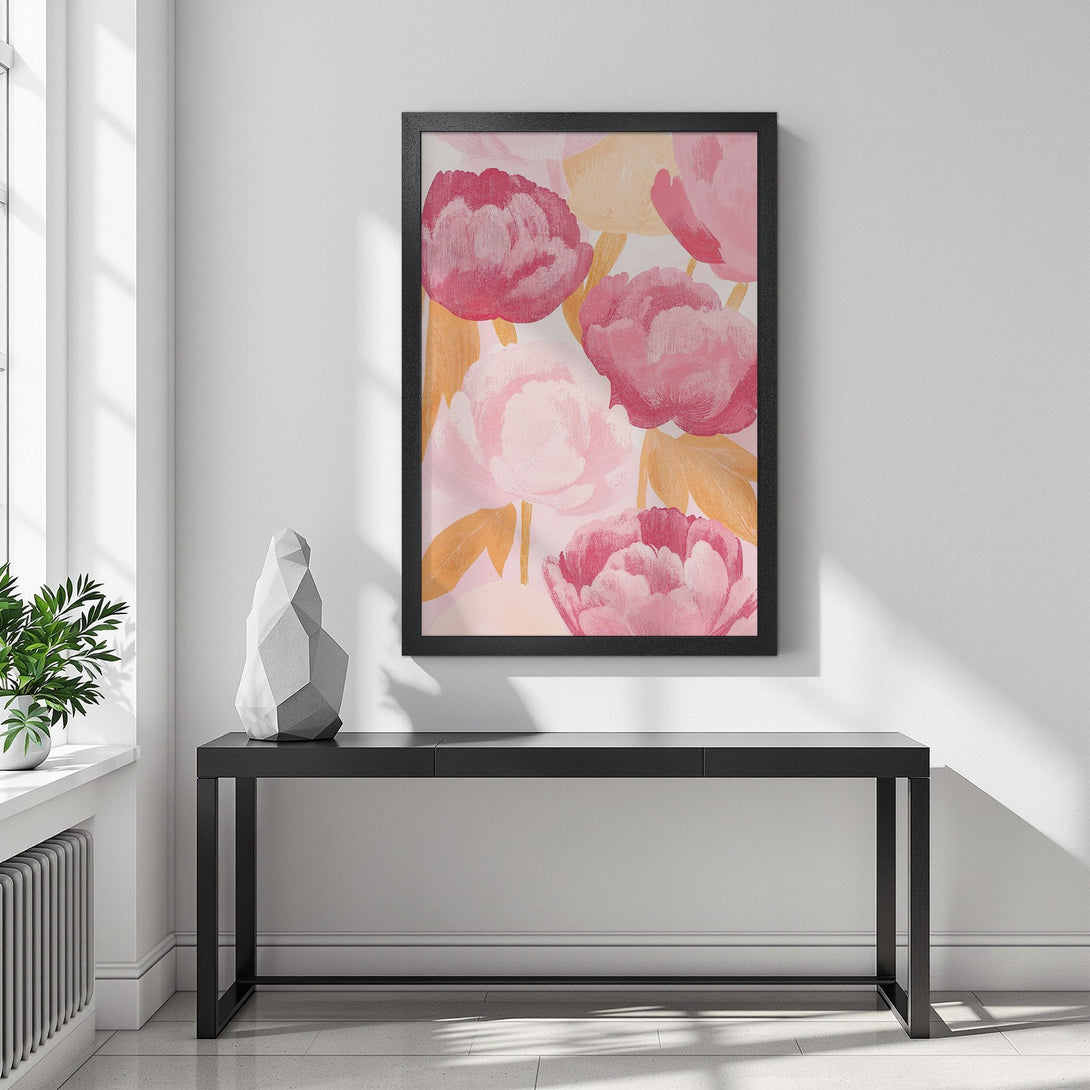 Framed Poster featuring watercolor peonies in pink and peach tones, perfect for adding a touch of floral elegance to your home decor.