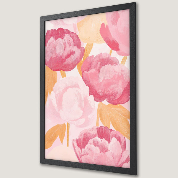 Framed Poster featuring a floral watercolor painting with pink and peach hues. Perfect wall art to brighten any space!