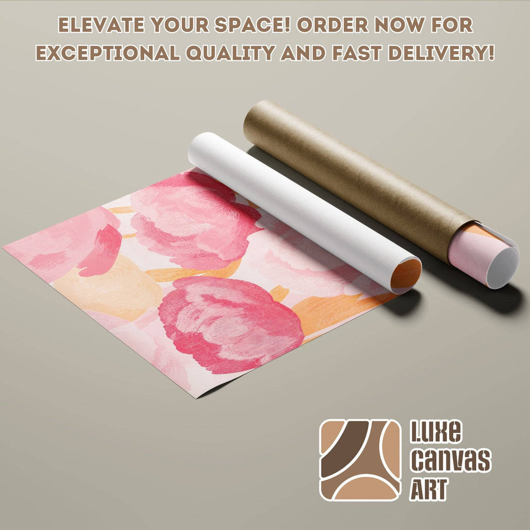 Abstract floral poster roll with pink, peach, and white color palette. Elevate your space with this beautiful art! Order now!