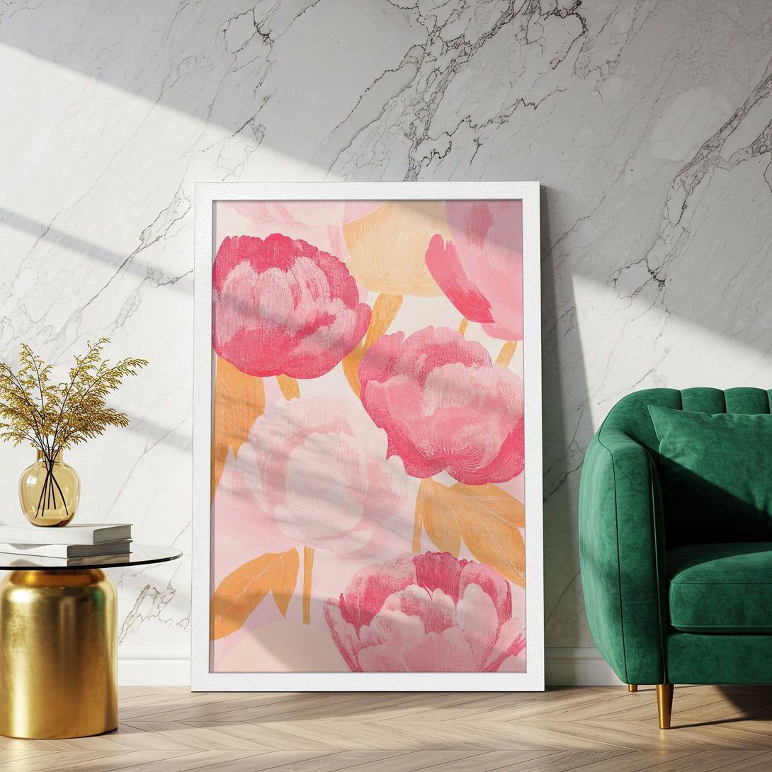Framed Poster featuring vibrant floral art in pink, peach, and white. Perfect for adding a pop of color and style to your space!