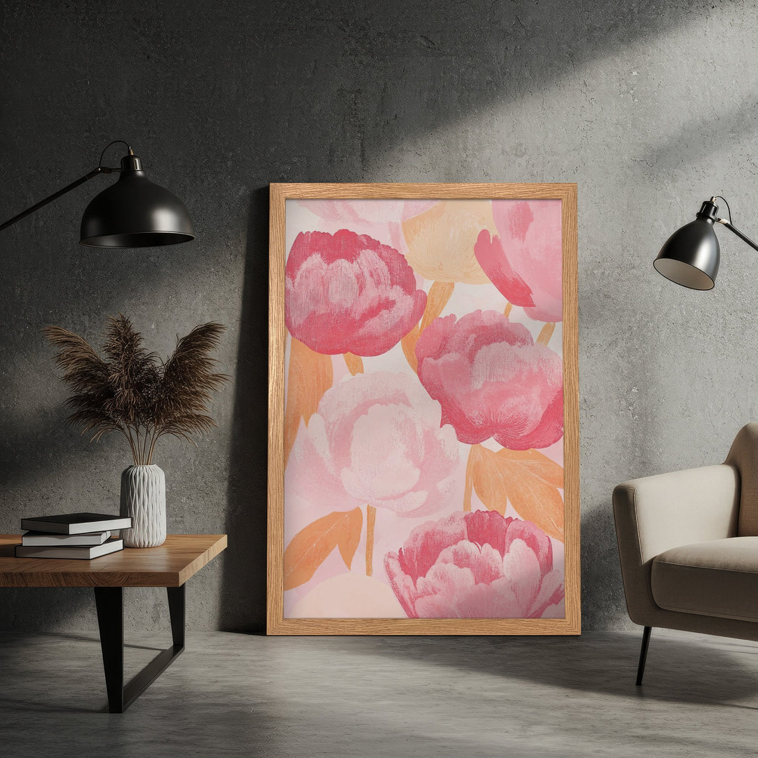 Framed Poster featuring a floral watercolor design in pink and peach hues. Perfect wall art for a modern, stylish home.