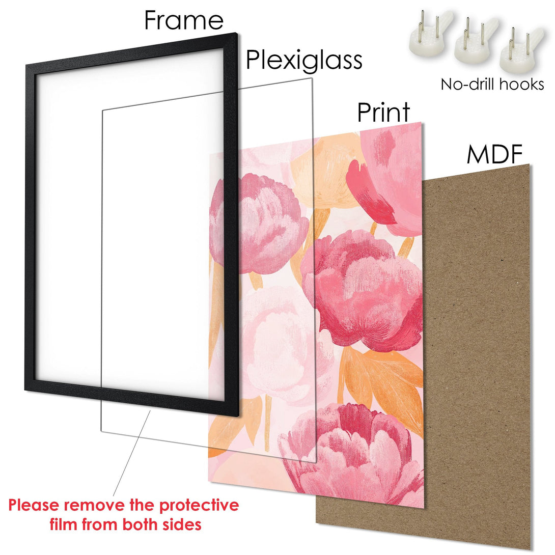 Framed Poster with floral art in pink and peach tones. Modern style, ready to hang and brighten your space!