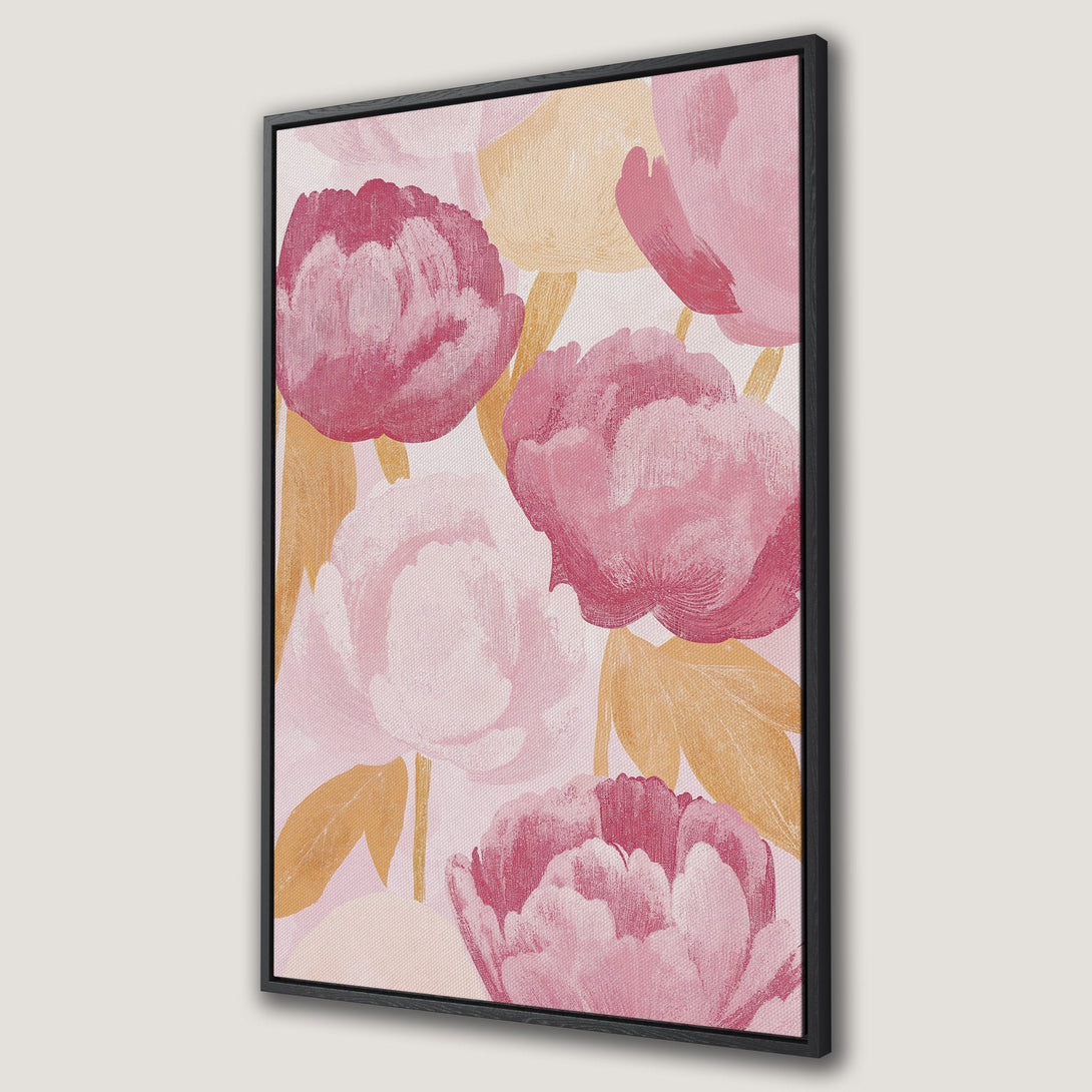 Framed Wall Art featuring a floral abstract painting in pink and gold hues. Modern canvas print perfect for adding a touch of elegance to any room.
