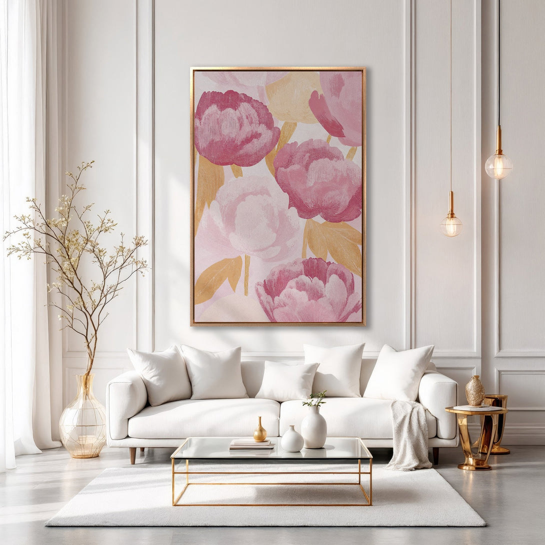Framed Wall Art featuring pink floral abstract design. Elegant living room decor with a soft, feminine color palette. Enhance your space with this beautiful canvas print.