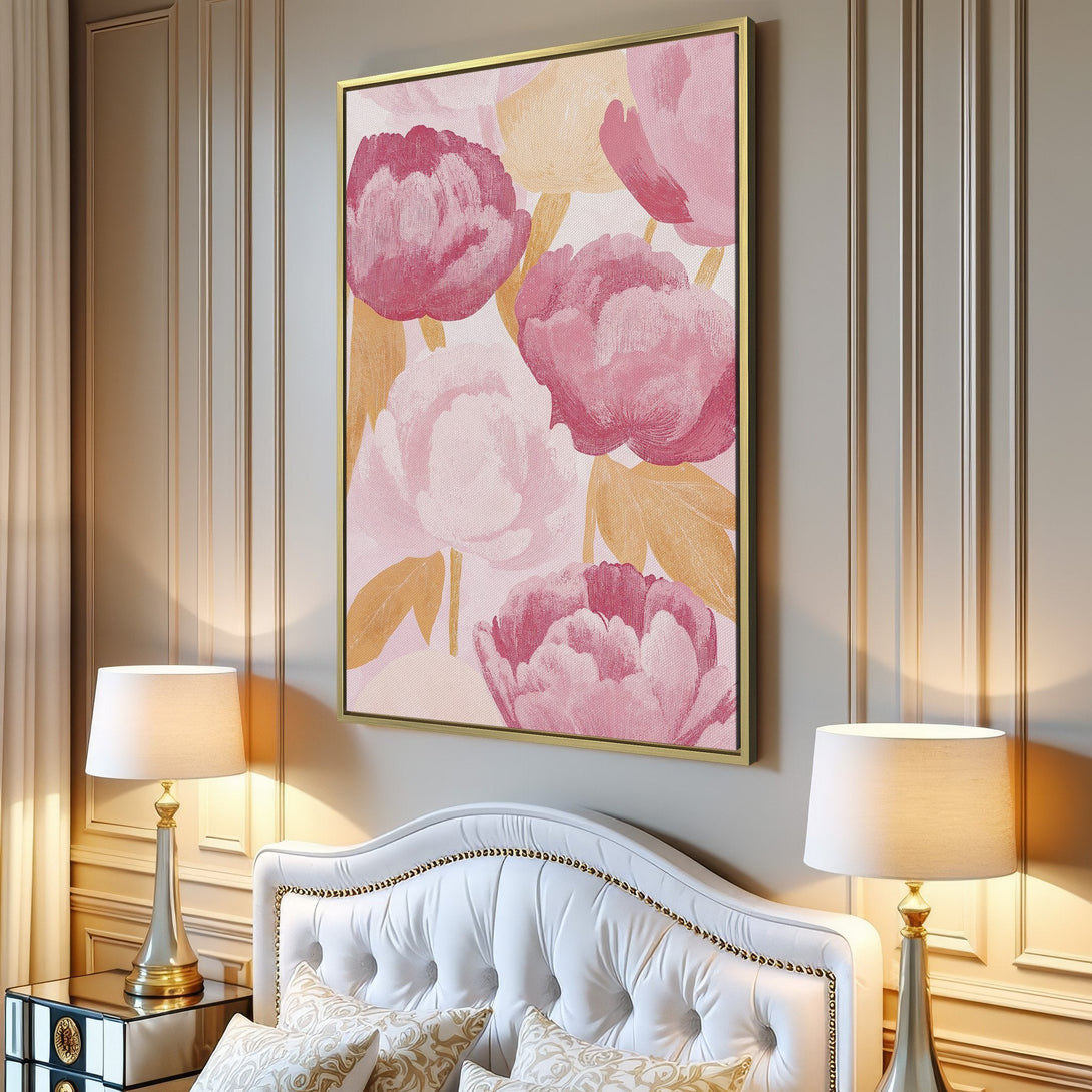 Canvas Print featuring a floral peony design in soft pink and gold hues. Modern art perfect for adding a touch of elegance to any space.