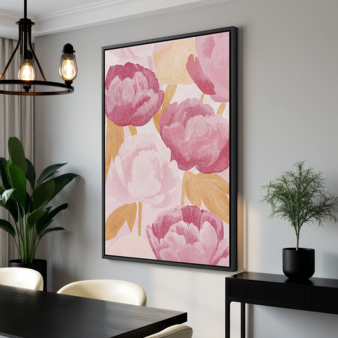 Framed Wall Art featuring abstract floral design in pink and gold hues. Perfect for adding a touch of elegance to your home decor. Shop now!