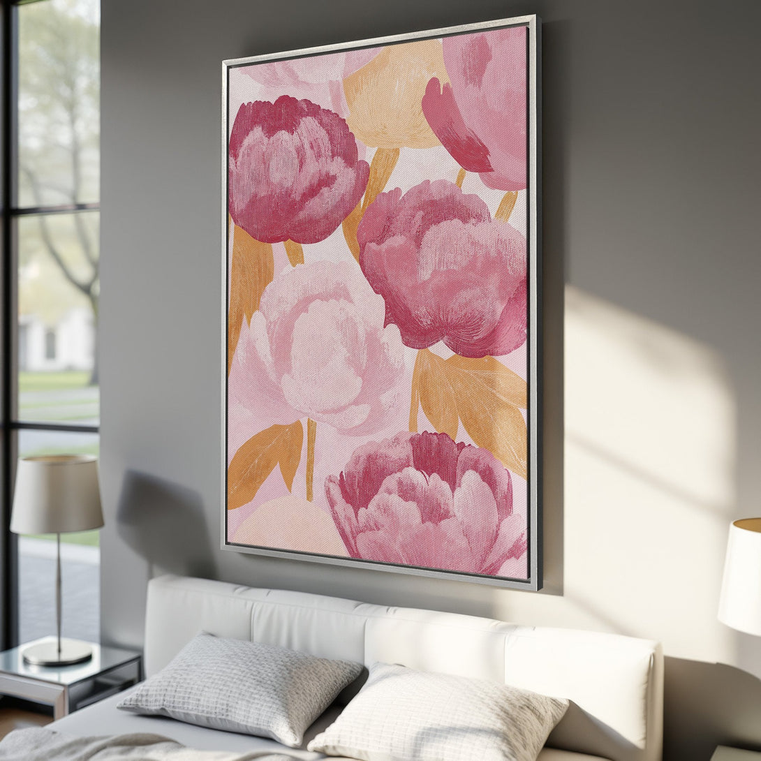 Framed Wall Art featuring a floral abstract painting in pink and gold hues. Perfect for adding a touch of elegance to any bedroom or living space.