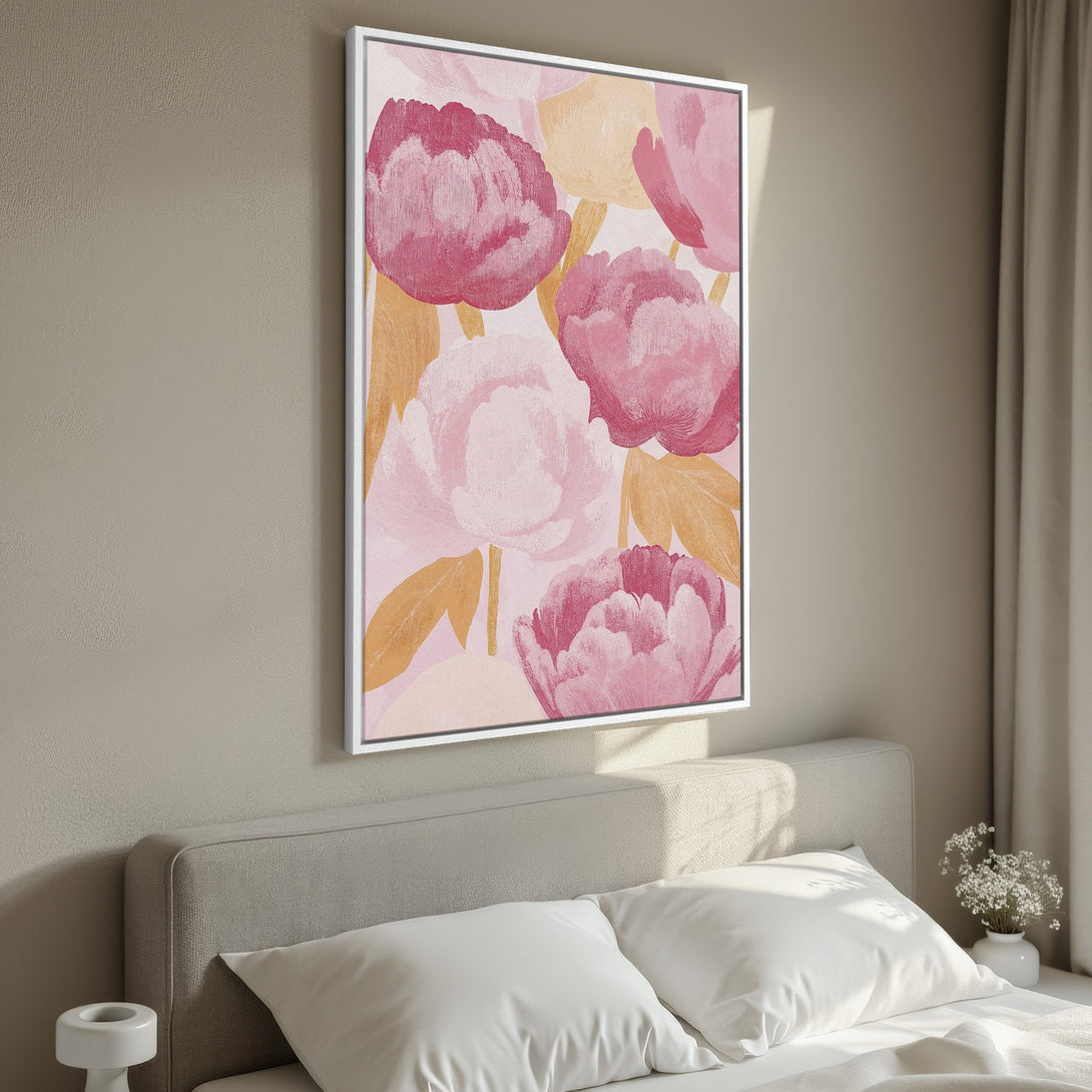 Framed Wall Art: Abstract floral print in pink and peach tones. Modern canvas art for bedroom decor. Enhance your space with this stylish artwork.