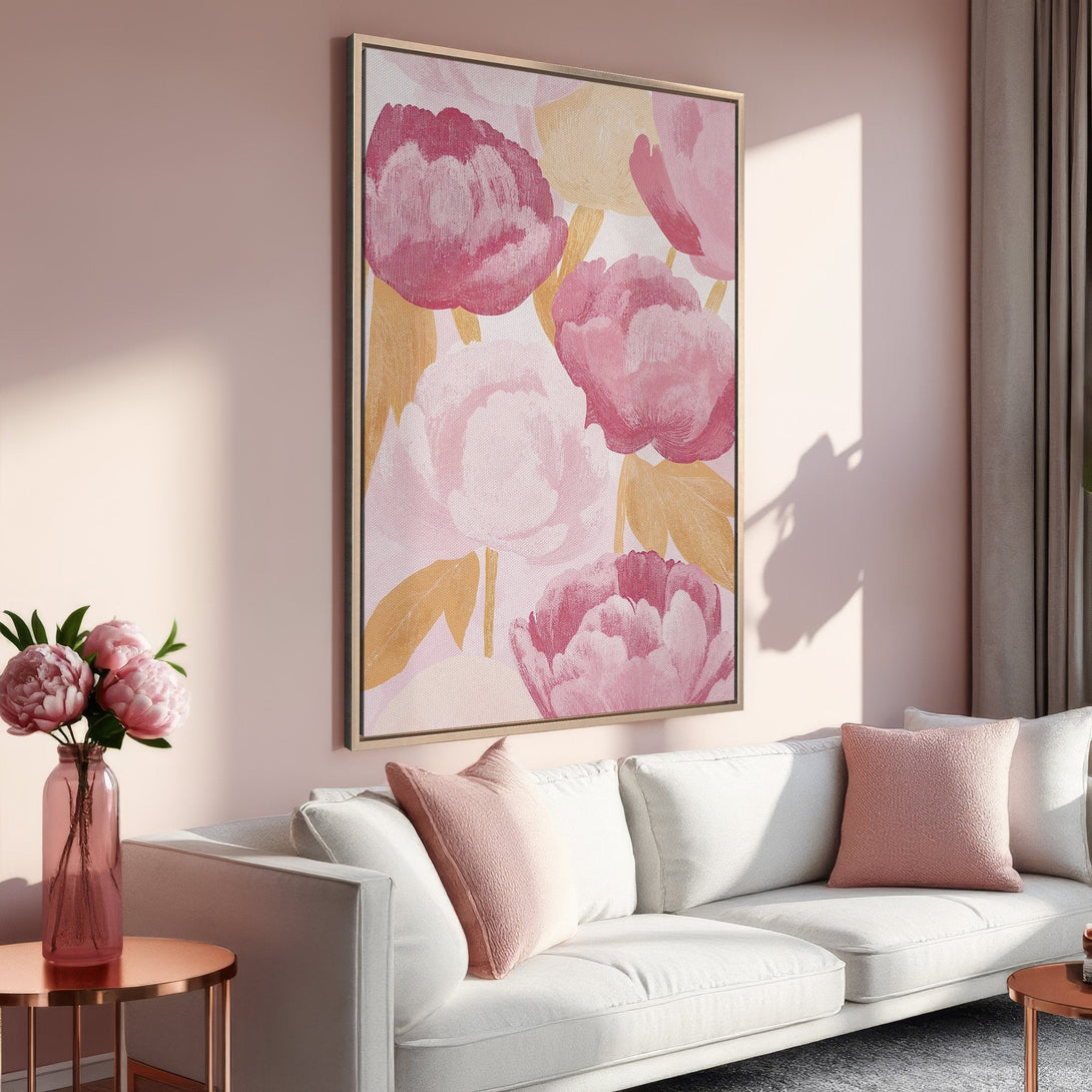 Framed Wall Art featuring a floral watercolor painting in pink and gold tones, perfect for adding a touch of elegance to any room.