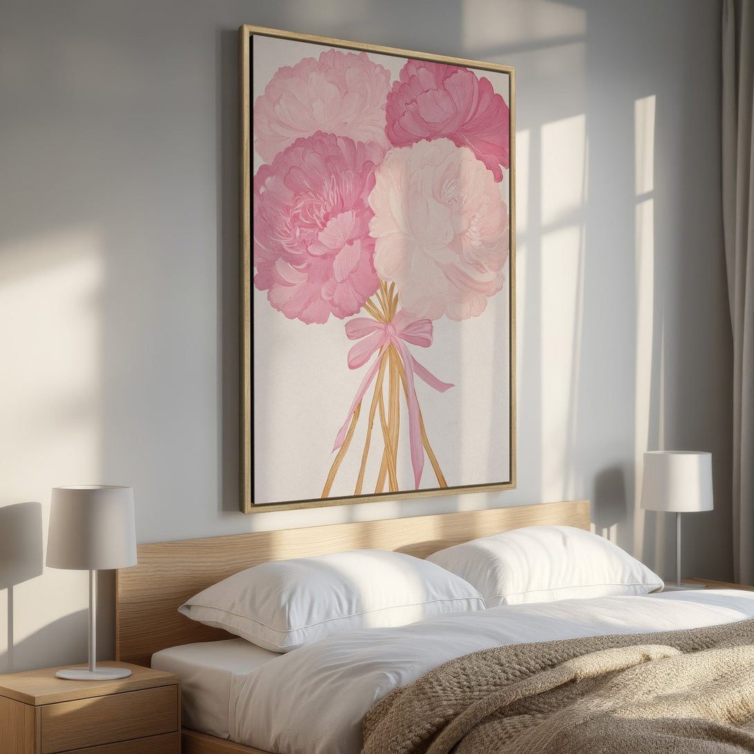 Framed Wall Art featuring a bouquet of pink peonies in a bedroom. Soft, romantic style with a pink and neutral color palette. Perfect for adding a touch of elegance.