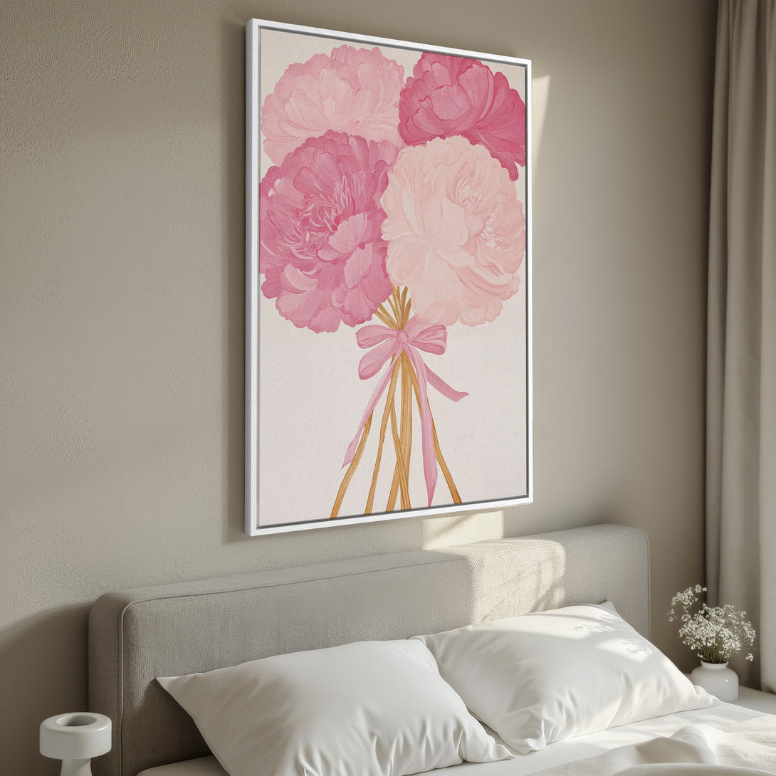 Framed Wall Art featuring pink peonies, perfect for bedroom decor. Soft, romantic floral painting in a blush and pink color palette.