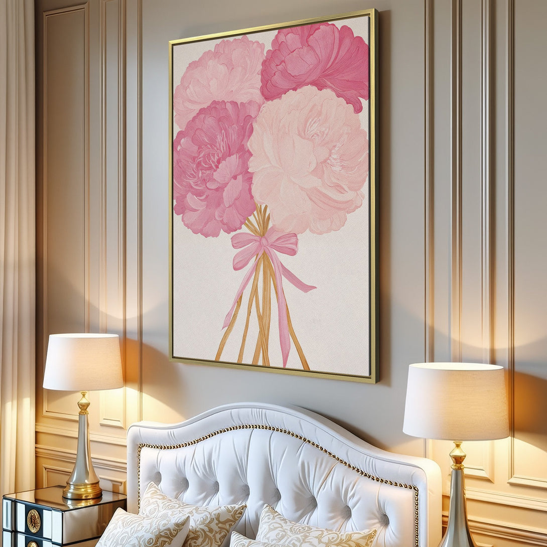 Canvas Print of pink peony bouquet, watercolor style, soft pink and white palette, perfect for modern home decor.