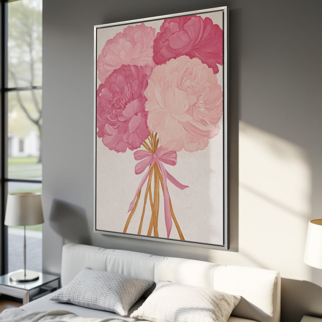 Framed Wall Art featuring a bouquet of pink peonies. Modern floral art in a blush and rose color palette, perfect for bedroom decor.