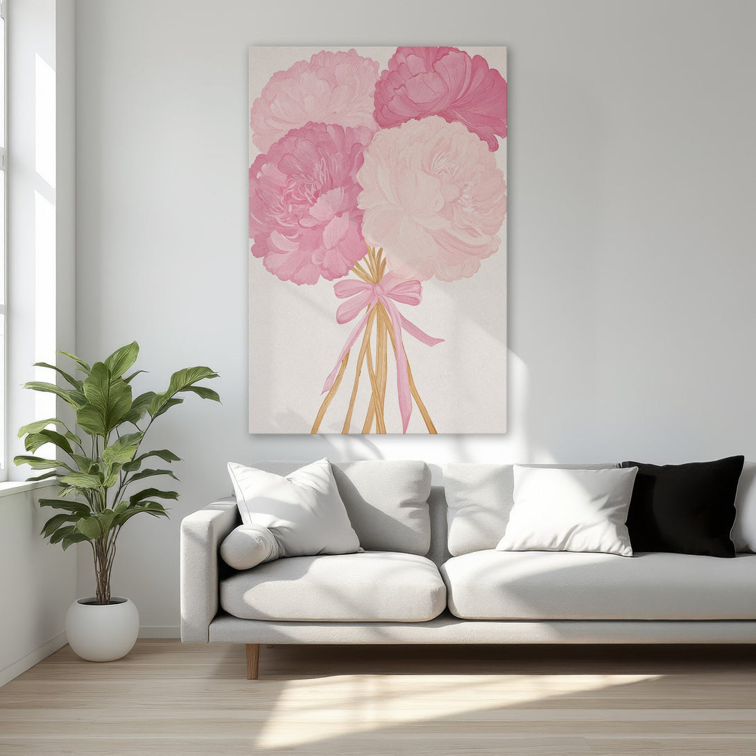 Framed Wall Art: Pink peony bouquet canvas print, perfect for bedroom decor. Soft pink and blush tones add a touch of elegance and floral charm.