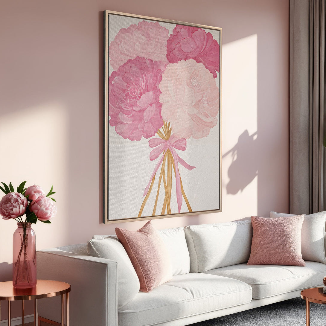 Framed Wall Art: Pink peony bouquet canvas print in a blush-toned living room. Elegant floral art with soft pinks, perfect for a feminine touch.
