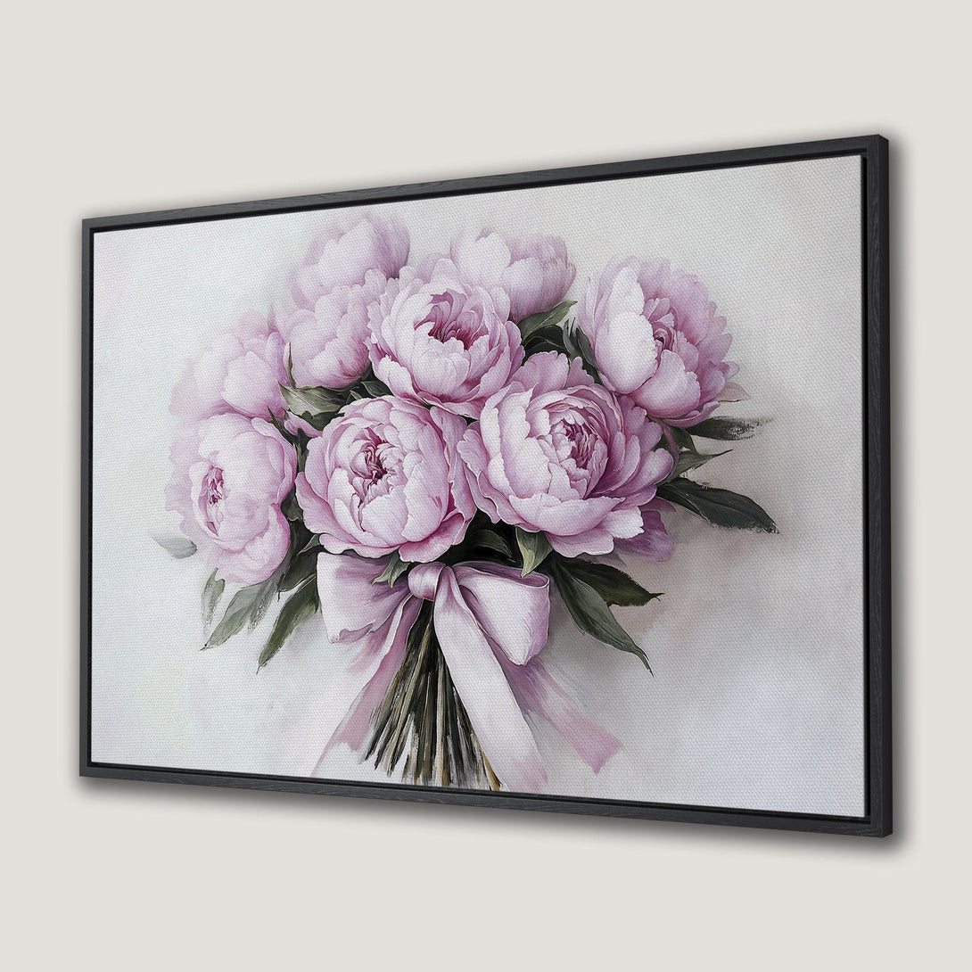 Framed Wall Art: Watercolor painting of pink peonies. Elegant floral art in soft pink and green tones, perfect for adding a touch of beauty.