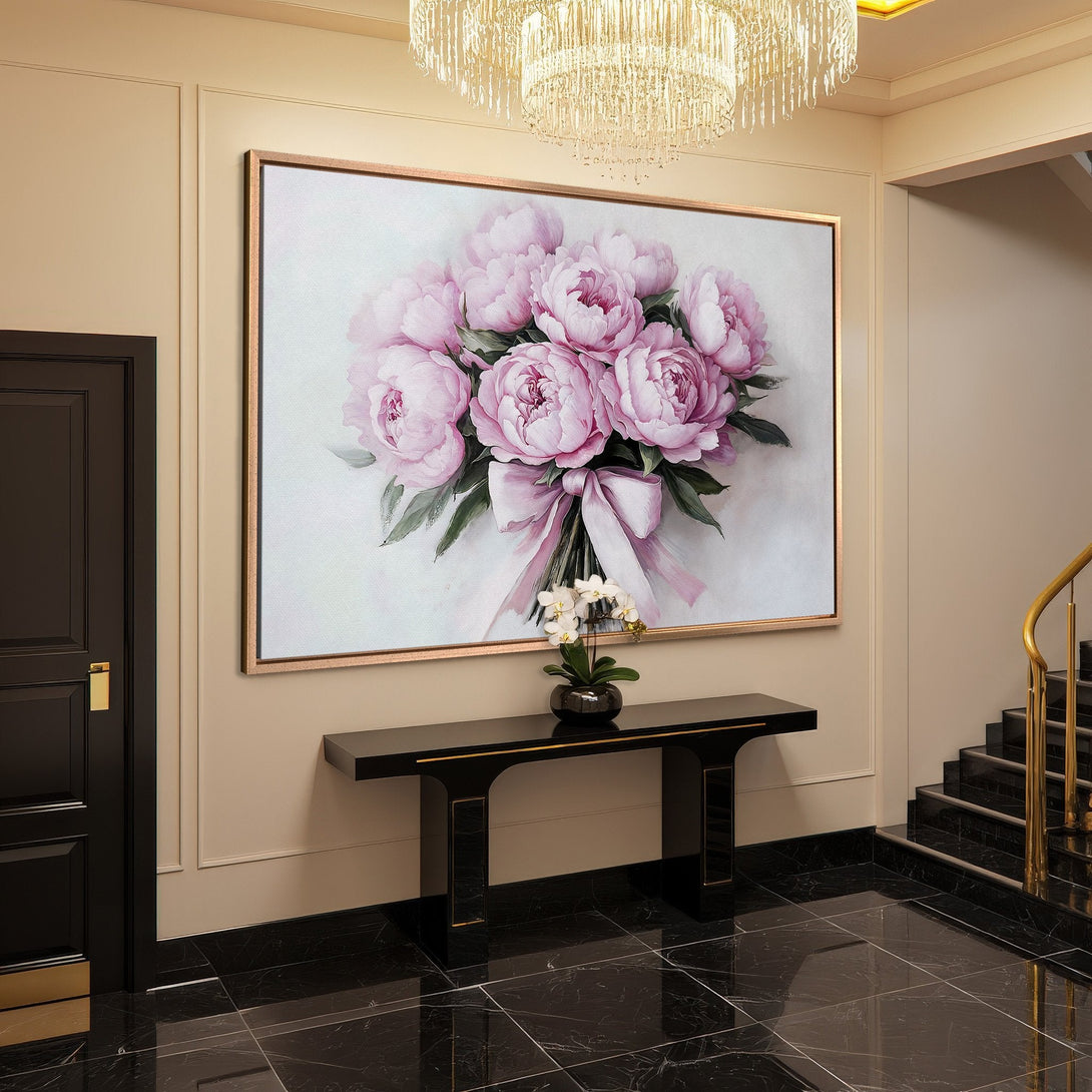 Framed Wall Art: Elegant pink peony bouquet canvas print. Floral art in a soft, romantic style with a neutral color palette. Perfect for home decor.