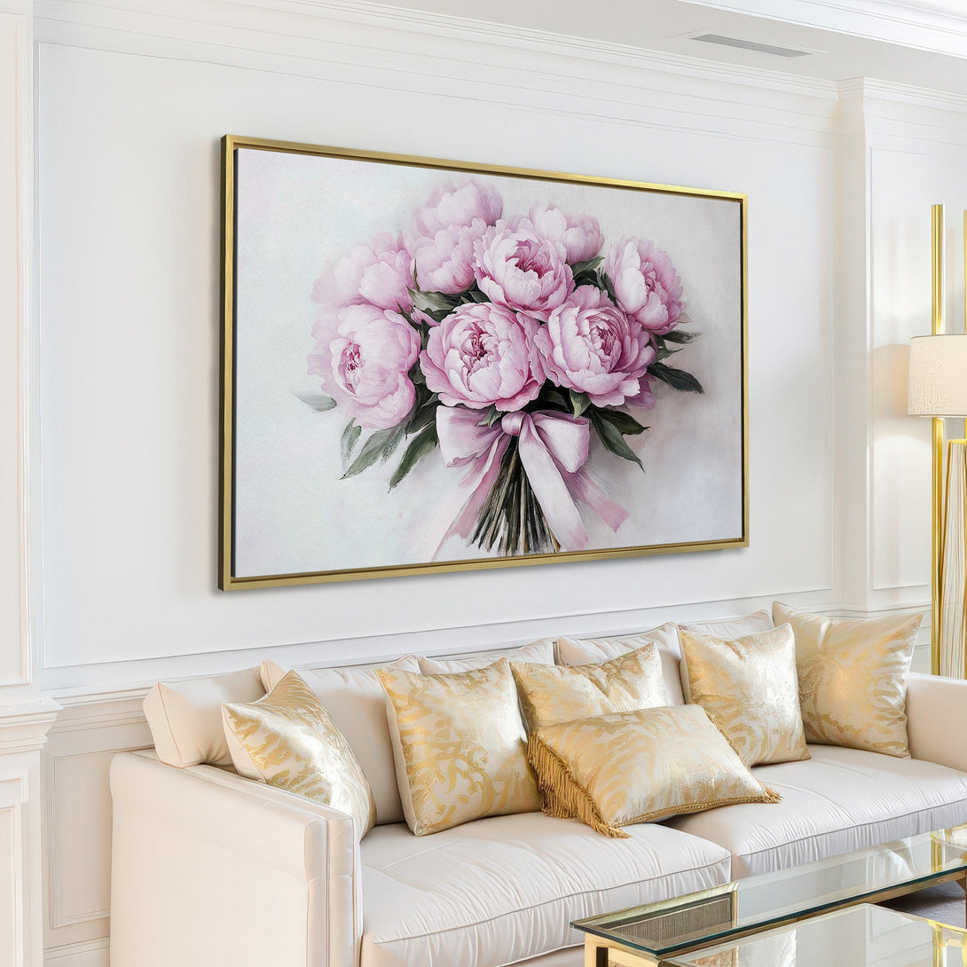 Canvas Print of a watercolor peony bouquet in soft pink hues, displayed in a modern living room. Elevate your space with floral art!