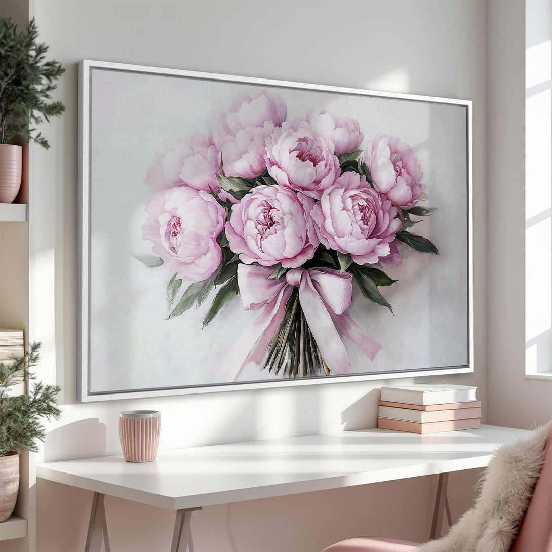Framed Wall Art: Elegant pink peony bouquet print. Soft watercolor style, pastel color palette. Perfect for adding a touch of floral beauty to your space.