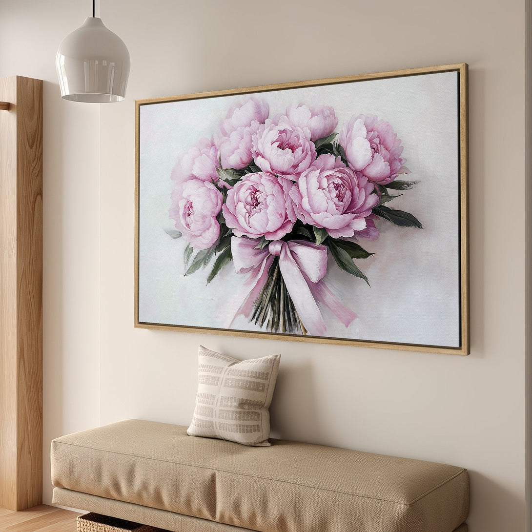 Framed Wall Art: Elegant pink peony bouquet canvas print. Soft, romantic style with a blush and neutral color palette. Perfect for adding a touch of floral beauty.
