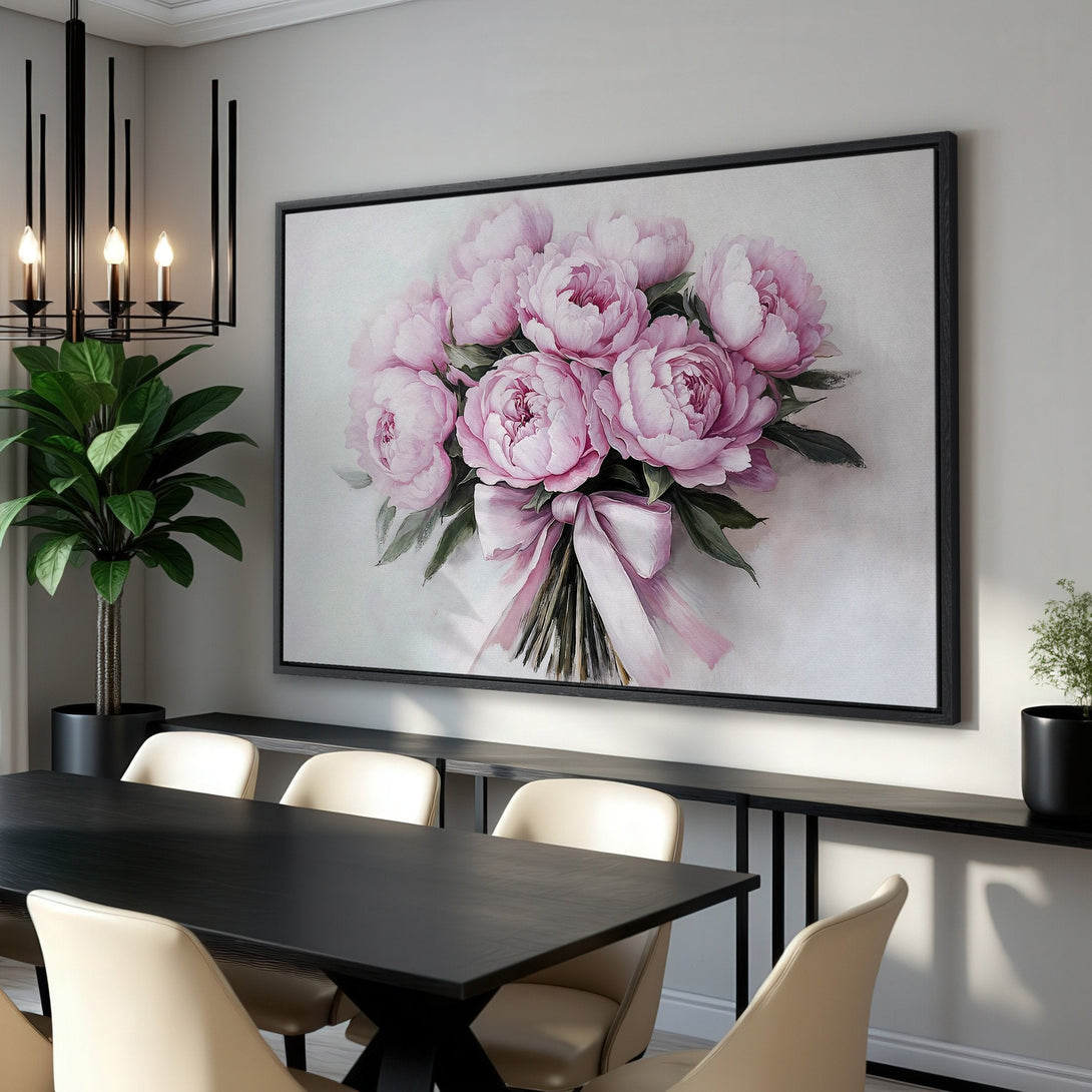 Framed Wall Art featuring a watercolor bouquet of pink peonies. Elegant floral art in a dining room setting. Soft pink and green color palette.