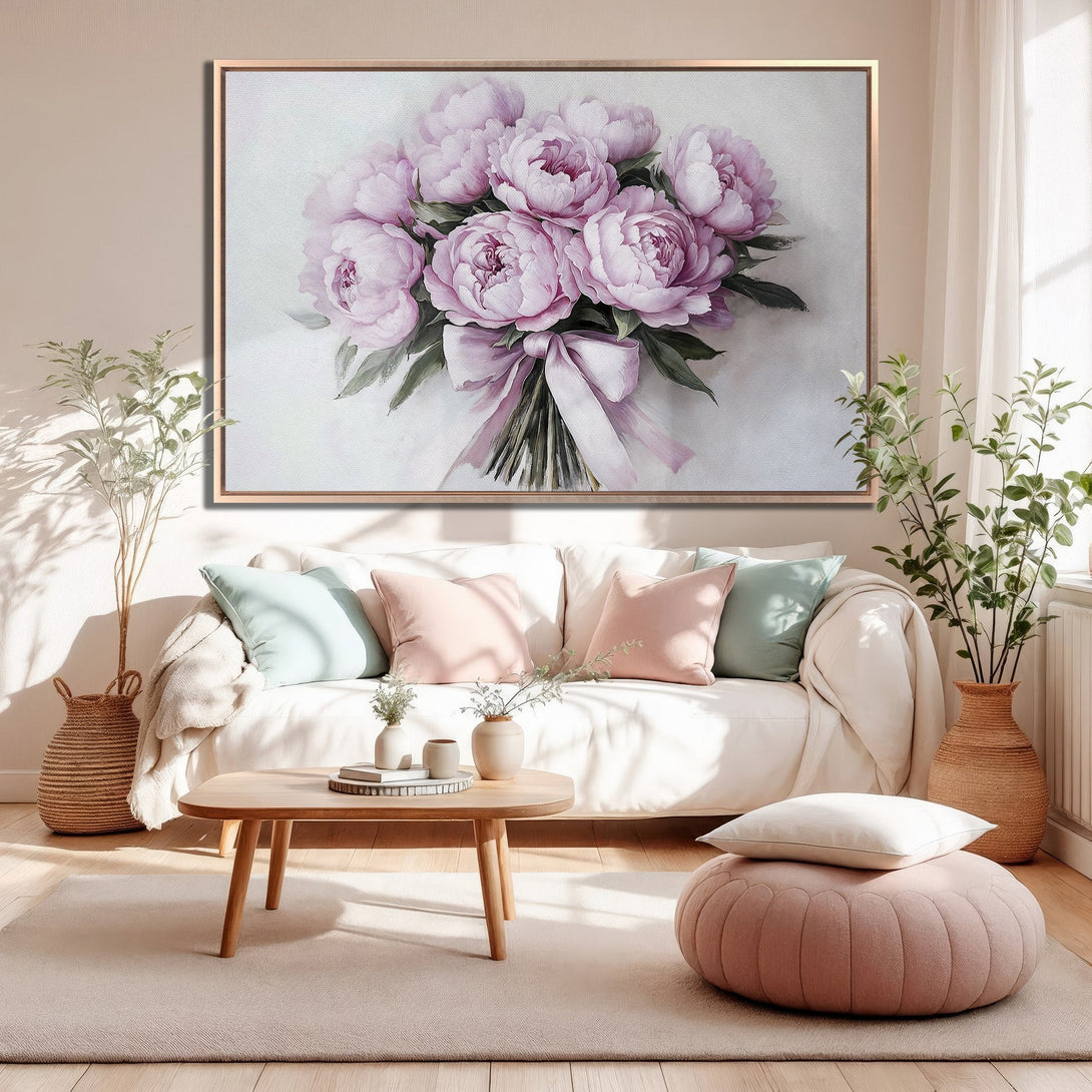 Framed Wall Art: Watercolor bouquet of pink peonies, perfect for adding a touch of elegance to your living room. Soft, pastel color palette.