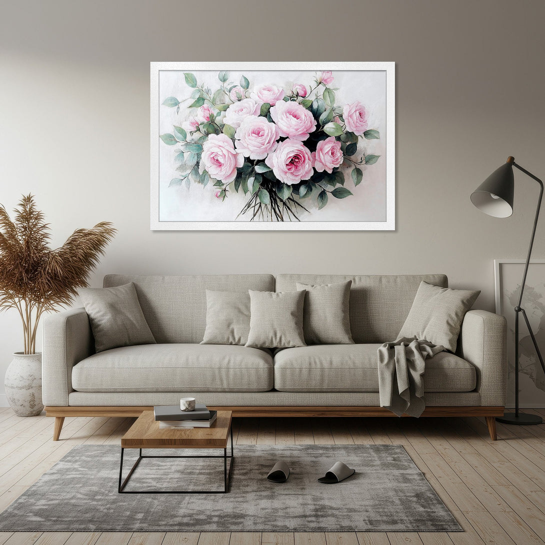 Framed Poster featuring a watercolor-style bouquet of pink roses. Soft, romantic aesthetic with a neutral color palette. Perfect home decor.