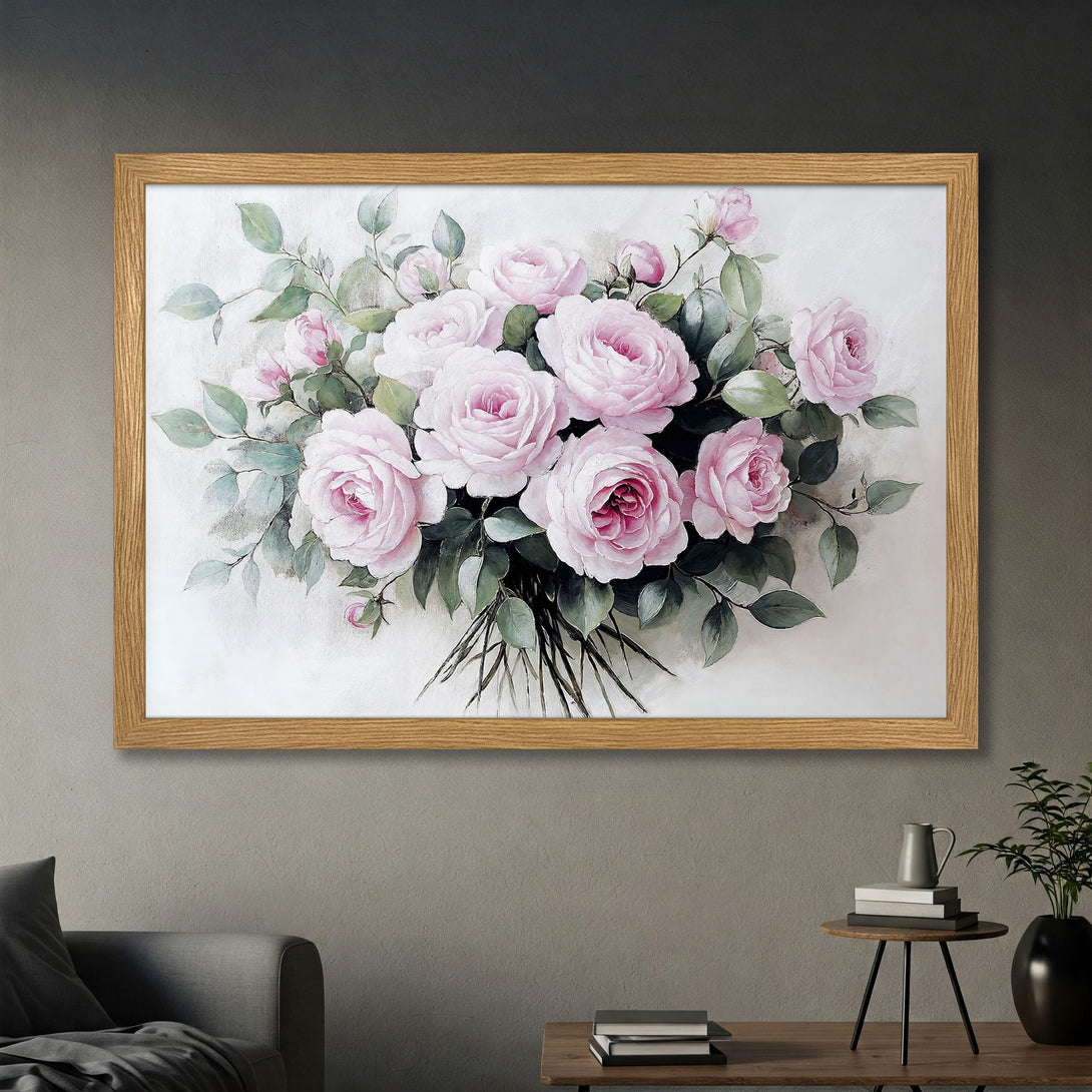 Framed Poster featuring a beautiful bouquet of pink roses in a vintage style, with a soft, romantic color palette.